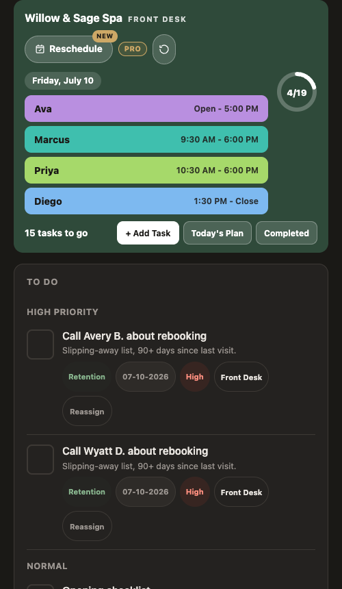 Front desk board on a phone: staff roster, task list, and progress ring