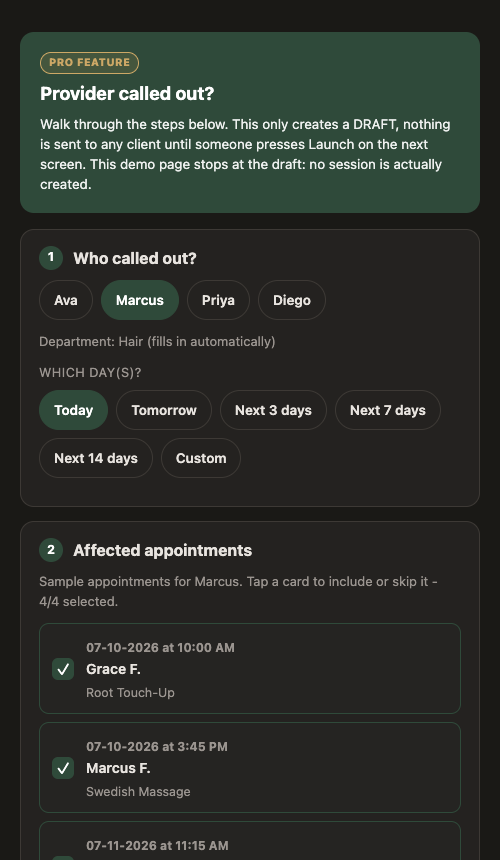 Provider call-out rescheduler: draft texts to affected guests in a few taps